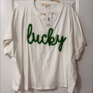 Peach Love California White Short Sleeve Tee with Green "lucky" Script